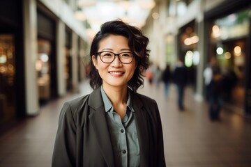 Wall Mural - Portrait of a happy asian woman in her 40s dressed in a stylish blazer against a bustling shopping mall. AI Generation