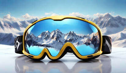 Ski goggles with reflection of mountains. Winter ski theme. digital ai aart