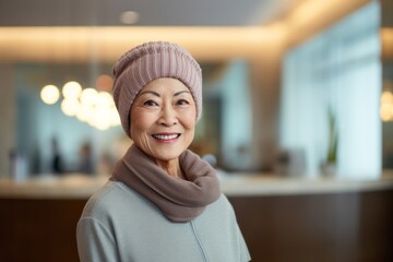 Wall Mural - Portrait of a grinning asian woman in her 50s donning a warm wool beanie against a soothing spa interior. AI Generation