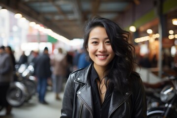 Wall Mural - Portrait of a happy asian woman in her 20s sporting a classic leather jacket against a bustling urban market. AI Generation