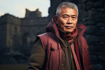 Poster - Portrait of a content asian man in his 60s dressed in a water-resistant gilet against a backdrop of ancient ruins. AI Generation