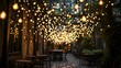 a patio with a lot of lights hanging from it's ceiling and a table with chairs in the background