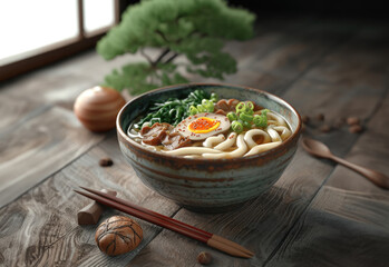 Wall Mural - Bowl of udon with green onions, egg, and meat, chopsticks on the side, bonsai in the background, daylight
