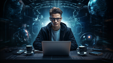 Young man computer programmer in front of his laptop. Cybersecurity technological background.