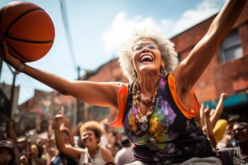 Wall Mural - Portrait of a joyful woman in her 60s dressed in a high-performance basketball jersey against a vibrant festival crowd. AI Generation