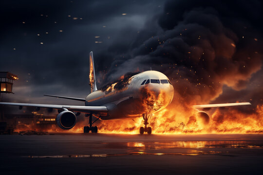 Aircraft passenger crashed caught fire at airport following an explosion AI Generation