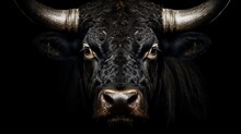 Powerful And Commanding Bull Portrait With Intense Gaze Isolated On A Dramatic Black Background