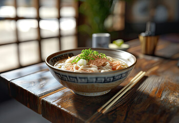 Wall Mural - Japanese udon dish, with meat and green onions in a bowl, on top of a wooden table, chopsticks on the side