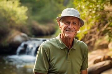 Wall Mural - Portrait of a satisfied man in his 80s wearing a breathable golf polo against a tranquil forest stream. AI Generation