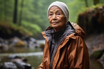 Wall Mural - Portrait of a glad indian elderly woman in her 90s wearing a lightweight packable anorak against a tranquil forest stream. AI Generation