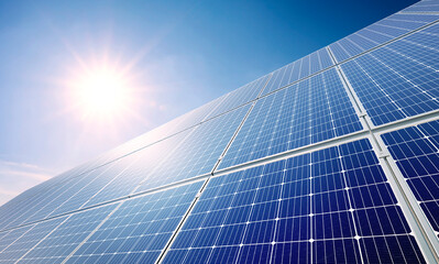 Wall Mural - sun-powered panels generate clean electricity on rooftops and at a solar plant, harnessing renewable