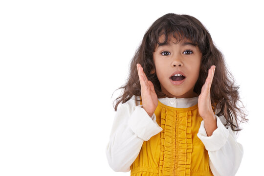 Surprise, portrait and girl kid in studio, facial expression and emoji with announcement or gossip on white background. Drama, crisis or news with wow face, mockup space and emotion with shock