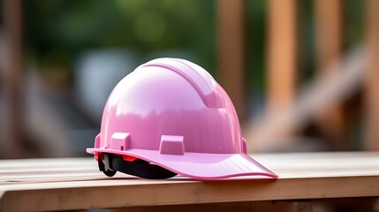 Pink Safety Helmet on a wooden Underground in a Construction Site. Blurred Forest Background