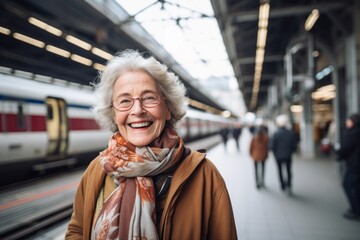 Wall Mural - Portrait of a cheerful woman in her 70s sporting a long-sleeved thermal undershirt against a modern city train station. AI Generation