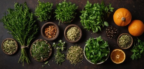  a table topped with bowls filled with different types of herbs next to oranges and an orange on top of a wooden table next to another bowl filled with herbs.