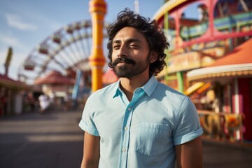 Sticker - Portrait of a content indian man in his 30s wearing a breathable golf polo against a vibrant amusement park. AI Generation