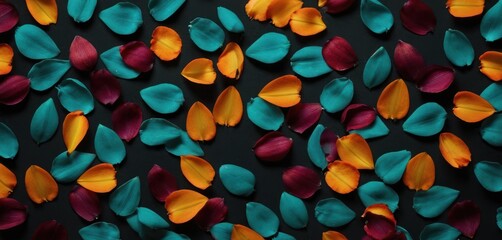 Canvas Print -  a bunch of flowers that are on a table with a black background and a blue and orange flower in the middle of the petals and the petals in the middle of the petals.