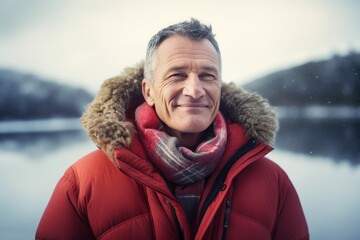 Wall Mural - Portrait of a blissful man in his 50s sporting a quilted insulated jacket against a backdrop of a frozen winter lake. AI Generation