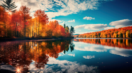 Wall Mural - autumn landscape with lake and trees