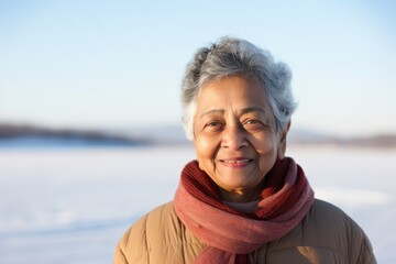 Wall Mural - Portrait of a glad indian woman in her 80s wearing a simple cotton shirt against a backdrop of a frozen winter lake. AI Generation