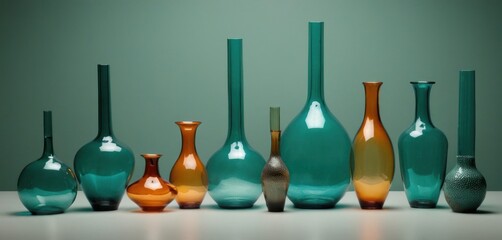 Poster -  a group of different colored vases sitting next to each other on a white table with a green wall behind them and a light green wall behind the vases.