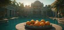  A Bowl Filled With Oranges Sitting On Top Of A Stone Slab Next To A Swimming Pool In Front Of A Large Stone Building With Palm Trees In The Background.