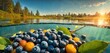  a bunch of blueberries sitting on top of a green leafy tree next to a body of water with the sun shining on the trees in the back ground.