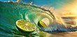  a slice of lime sitting on top of a wave next to a slice of lime on top of a slice of lime on top of a piece of lime in the water.