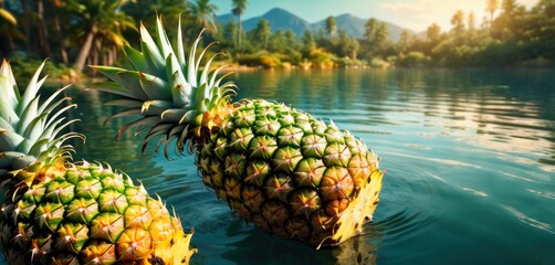   a couple of pineapples sitting on top of each other in a body of water with palm trees in the backgrouds of the water and a mountain range in the background.
