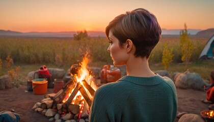 Sticker -  a woman standing in front of a campfire in the middle of a field with a campfire in the foreground and people sitting around the campfire in the background.