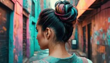  A Woman Standing In Front Of A Wall With Graffiti On It's Walls And Her Hair In A High Bun With Pink, Blue, Green, Pink, And Black Hair.