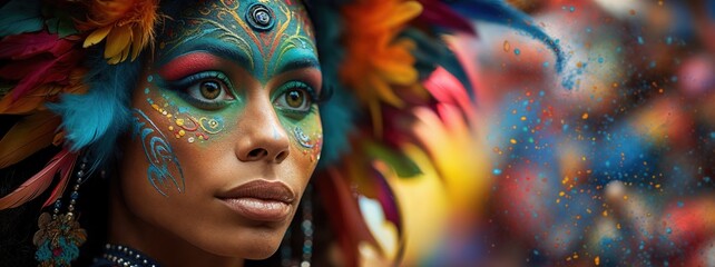 Carnival festival, Latin woman portrait traditional costume and feathers headdress