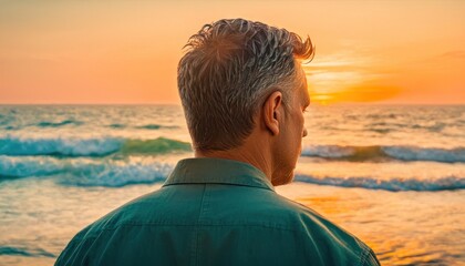 Sticker -  a man standing in front of a body of water with waves coming in from the ocean and a setting sun in the sky above the water and behind him is a body of water.