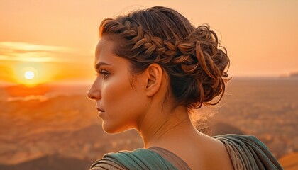  a woman with a braid in her hair looking off into the distance with the sun setting in the distance behind her and a distant horizon in the distance behind her.