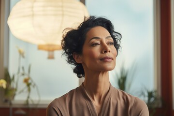 Wall Mural - Portrait of a tender indian woman in her 50s wearing a classic turtleneck sweater against a serene meditation room. AI Generation