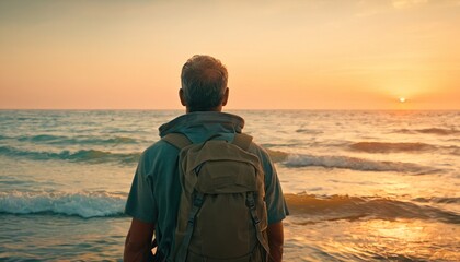  a man with a backpack standing on the beach watching the sun go down over the ocean as the sun goes down over the water and the waves coming in the ocean.