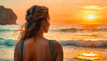 Sticker -  a woman standing in front of a body of water with a sunset in the back ground and a rock formation in the middle of the water and a body of water in the foreground.