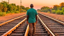  A Man Standing On A Train Track With His Back To The Camera As The Sun Goes Down In The Distance In The Distance Is A Man Standing On The End Of The Train Tracks.