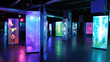 illuminated performance art exhibition area backgrounds. Invitation areas surrounded by colorful spotlights. empty art exhibition event. An invitation area next to the concert modern art exhibition