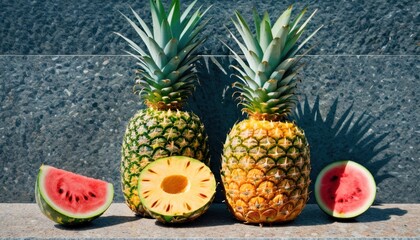   a couple of pineapples and a watermelon are sitting on a stone slab next to each other with slices of watermelon in the foreground.