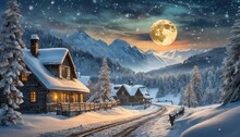 Transparent Bright Big Full Moon Reflection In Snowy Weather Day; Beautiful Countryside Winter 