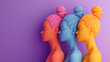 3D multicolored female heads isolated on purple background with copy space. Concept of gender equality and cultural diversity.