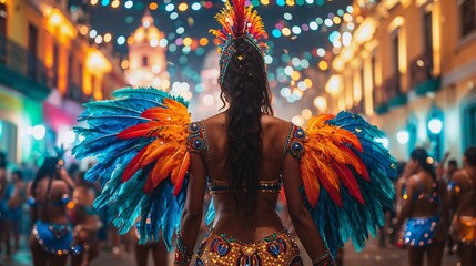 Carnival festival, Latin woman dancer in traditional costume and headdress, rear view