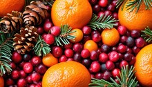  Oranges, Cranberries, Pine Cones, And Pine Cones Are Arranged On Top Of A Pile Of Oranges, Pine Cones, Pine Cones, And Berries.