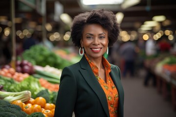 Wall Mural - Portrait of a content afro-american woman in her 50s wearing a professional suit jacket against a vibrant farmers market. AI Generation