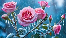  A Bunch Of Pink Roses Sitting On Top Of A Branch In The Snow With Ice Crystals On The Stems And Drops Of Water On The Leaves And On The Stems.