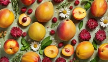  A Group Of Fruit Sitting On Top Of A Table Next To A Bunch Of Flowers And A Couple Of Peaches On Top Of A Counter Top Of A Table.