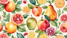  A Watercolor Painting Of Fruit And Leaves On A White Background With Oranges, Apples, Pears, And Pomegranates On A White Background With Green Leaves.