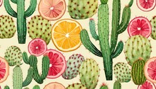  A Pattern Of Cactus, Oranges, And Cacti On A White Background With Pink, Green, Yellow, And Orange Slices Of A Grapefruit.