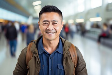 Wall Mural - Portrait of a grinning asian man in his 40s sporting a breathable mesh jersey against a bustling airport terminal background. AI Generation
